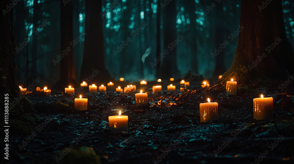 Enchanting candlelit forest pathway with glowing ambience Enchanting candlelit forest pathway with glowing ambience