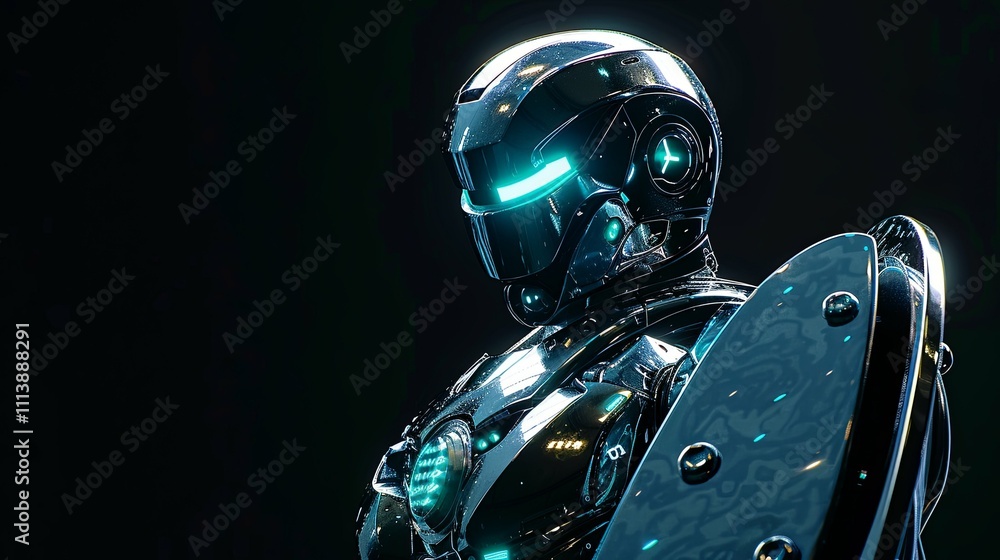 Chrome-plated futuristic robot with glowing visor and shield Chrome-plated futuristic robot with glowing visor and shield