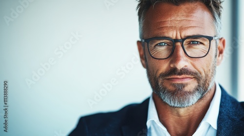 A handsome middle-aged man with a defined beard and eyeglasses, portraying confidence and charm, suited in a corporate environment with a modern backdrop.