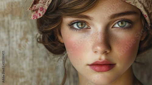 A young woman with freckles and rosy cheeks stares directly at the camera. photo