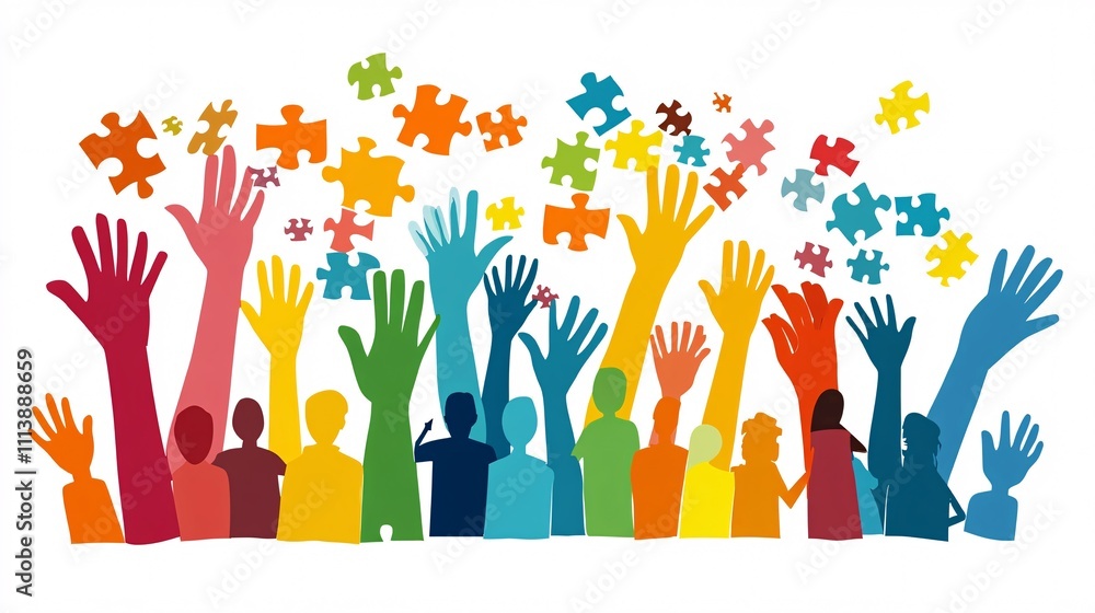 Crowd raising hands with colorful puzzle pieces representing teamwork and collaboration