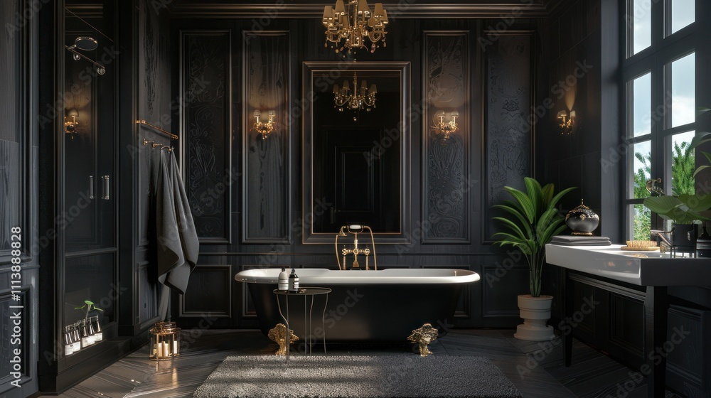 Classic style black bathroom interior 3D rendering, AI generated image Classic style black bathroom interior 3D rendering, AI generated image