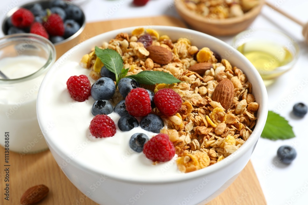 Delicious granola with berries and yogurt on the table Delicious granola with berries and yogurt on the table