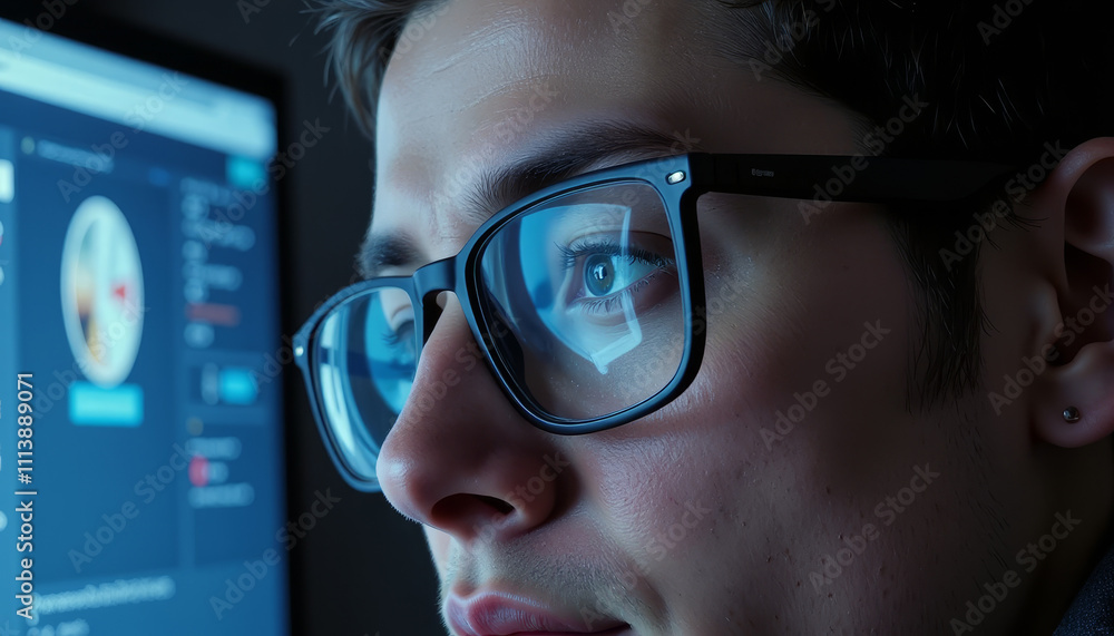 Focused gaze of a young person engaging with technology during late-night hours at home Focused gaze of a young person engaging with technology during late-night hours at home
