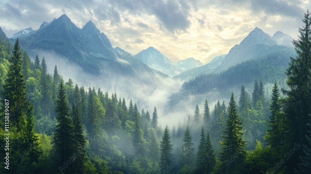 Fototapeta premium Misty Mountain Landscape with Evergreen Forest