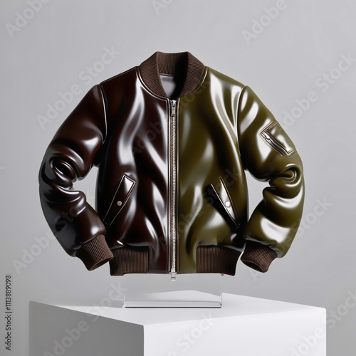 Glass sculpture of bomber jacket with glossy gradient brown to olive green finish, detailed ribbed cuffs and zipper, modern craftsmanship against light gray background, generative ai photo