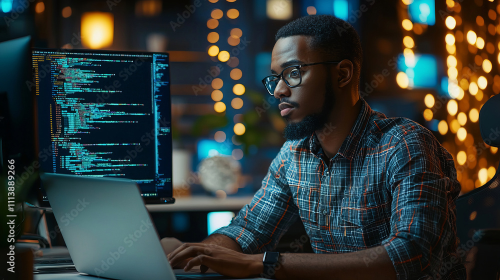 Focused software developer working late in a modern office Focused software developer working late in a modern office