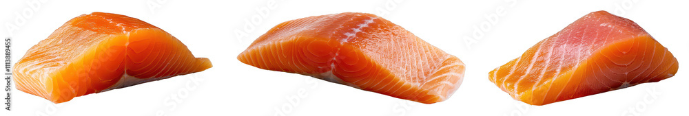 The image features three pieces of salmon sushi, showcasing their vibrant orange hue and smooth texture. The image features three pieces of salmon sushi, showcasing their vibrant orange hue and smooth texture.