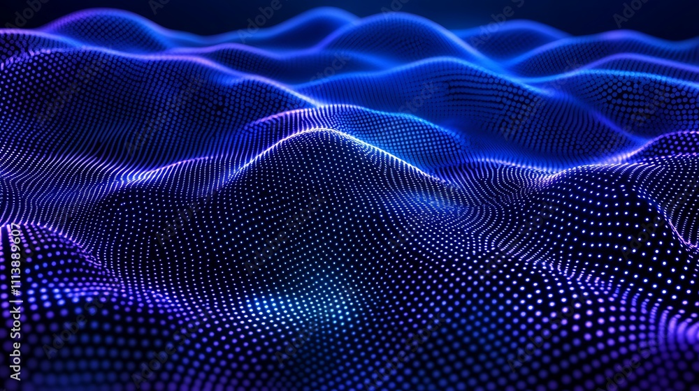 Abstract Digital Landscape with Blue and Purple Waves Creating a Fluid 3D Effect of Dots and Light Patterns Abstract Digital Landscape with Blue and Purple Waves Creating a Fluid 3D Effect of Dots and Light Patterns