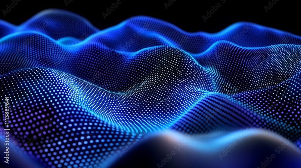 Abstract digital landscape with blue glowing dots creating waves and textures in a dark background Abstract digital landscape with blue glowing dots creating waves and textures in a dark background