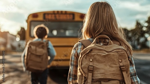 Two children head towards a school bus on an early morning walk. Their backpacks are brown, suggesting a journey of learning under the calm morning sky.