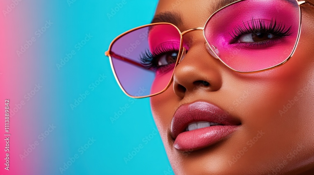 Close-up of a face partly obscured by stylish pink sunglasses, showcasing a modern look with dynamic lighting and vibrant, colorful flair in the portrait. Close-up of a face partly obscured by stylish pink sunglasses, showcasing a modern look with dynamic lighting and vibrant, colorful flair in the portrait.