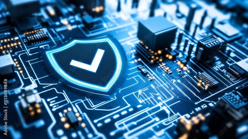 Digital Shield with Checkmark on Circuit Board Digital Shield with Checkmark on Circuit Board