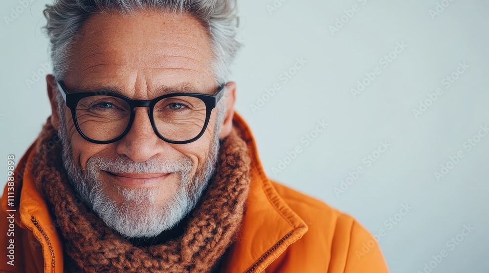 A cheerful, bearded senior man is warmly dressed in an orange jacket with a brown knitted scarf, exuding kindness and approachability against a light backdrop. A cheerful, bearded senior man is warmly dressed in an orange jacket with a brown knitted scarf, exuding kindness and approachability against a light backdrop.