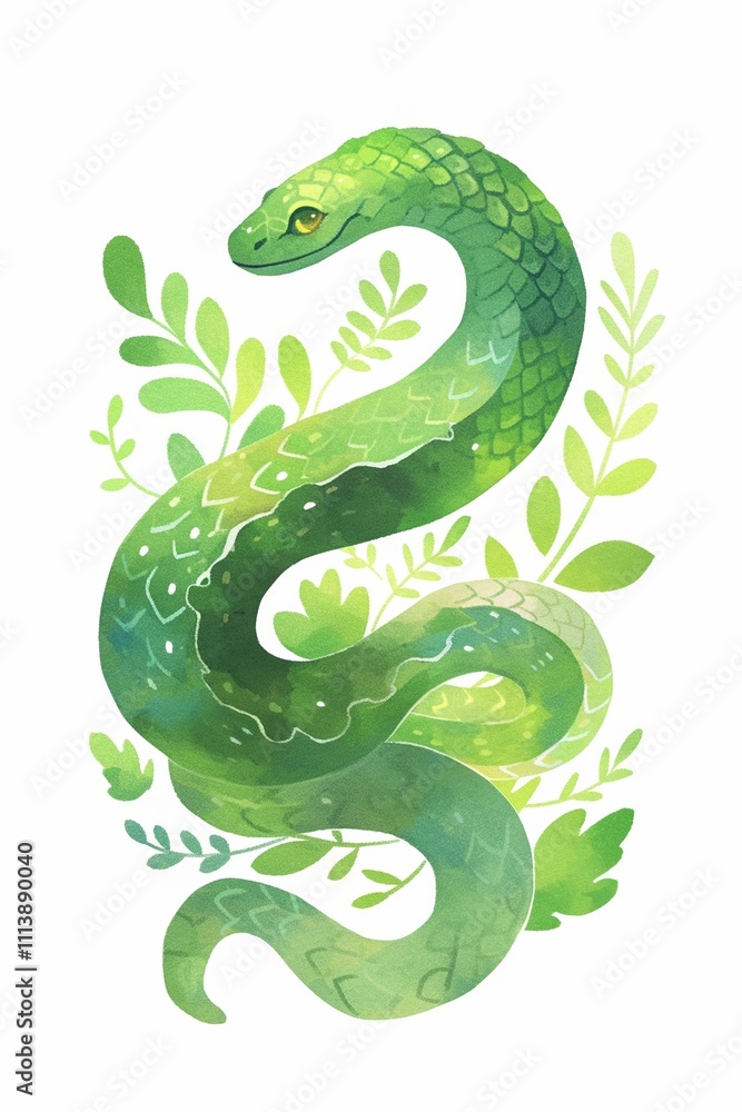 Naklejka premium Green snake coiled with leafy branches on a white background, nature and wildlife concept, ideal for educational materials, nature illustrations, or environmental designs.