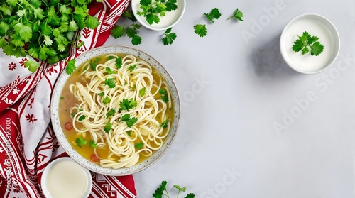 Kesme Ayran Sho’rva Noodles in Ayran Broth with Fresh Garnish (Kazakhstan Cuisine) photo