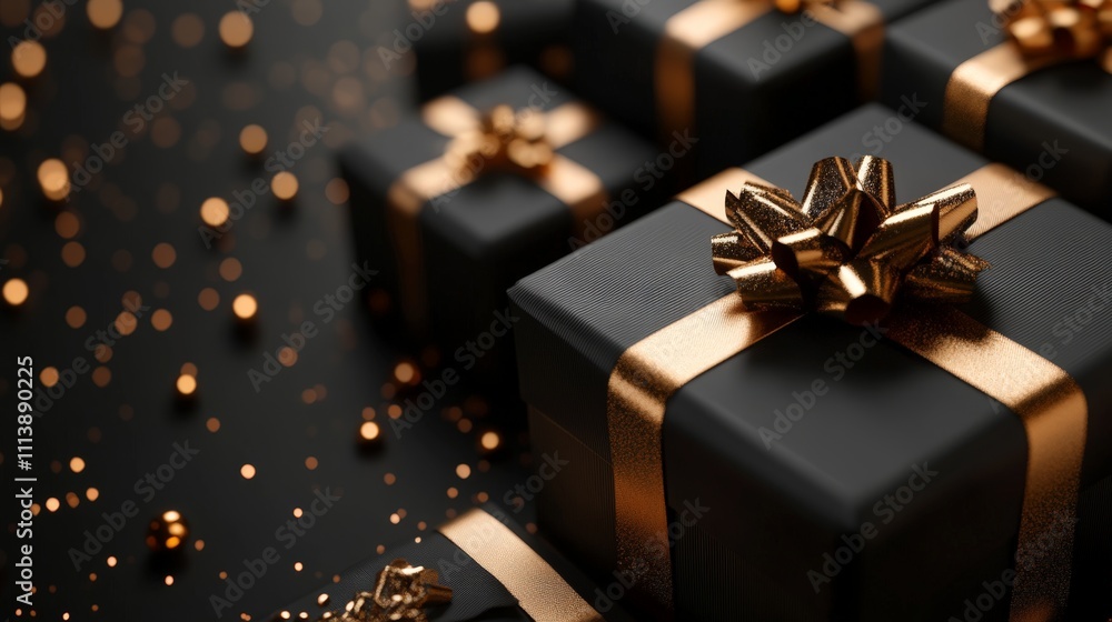 Elegant Black Gift Boxes with Golden Ribbons Elegant Black Gift Boxes with Golden Ribbons