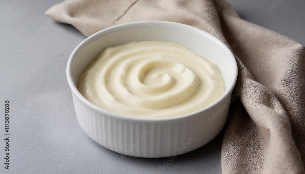 Riisipuuro in Minimalist Style in White and Beige for a Serene Breakfast against a Slate-Grey Countertop Riisipuuro in Minimalist Style in White and Beige for a Serene Breakfast against a Slate-Grey Countertop