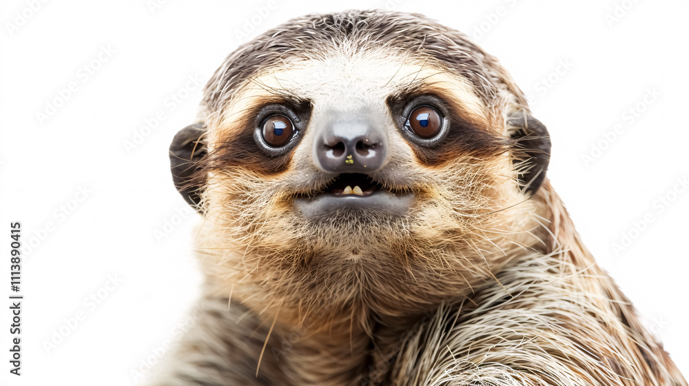 Naklejka premium Portrait of a Surprised Sloth: Close-up, isolated on a white background.