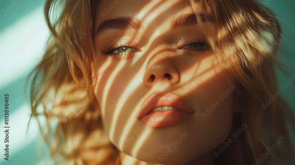 Artistic portrait of a woman in shadow and light, creating pattern effects on her face, emphasizing striking facial features and a serene expression. Artistic portrait of a woman in shadow and light, creating pattern effects on her face, emphasizing striking facial features and a serene expression.