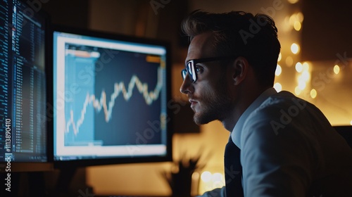 Financial analyst working late at night analyzing graphs on computer screens