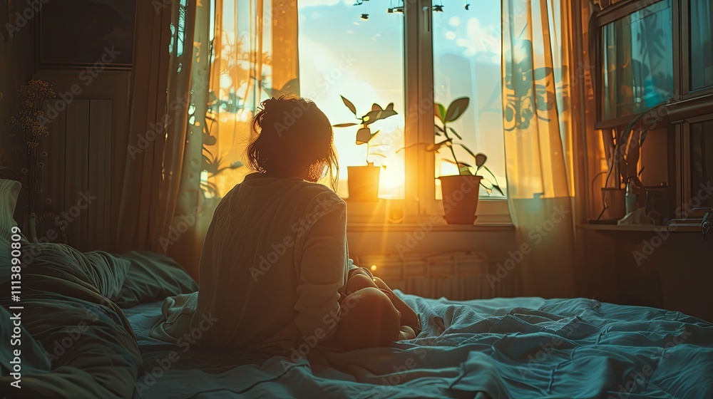 Woman Silhouetted by Sunset, Sitting on Bed, Contemplative Pose Woman Silhouetted by Sunset, Sitting on Bed, Contemplative Pose