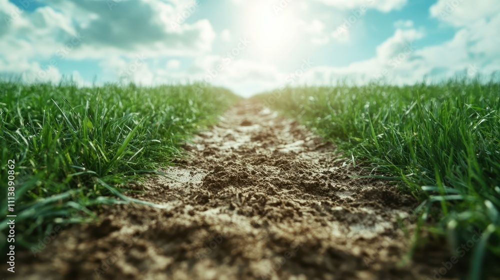 A dirt path leading through expansive open fields, surrounded by vibrant green grass and a clear blue sky, capturing the essence of freedom and adventure. A dirt path leading through expansive open fields, surrounded by vibrant green grass and a clear blue sky, capturing the essence of freedom and adventure.