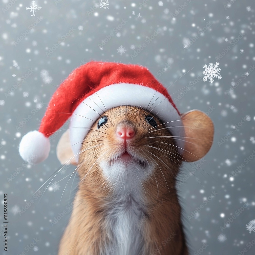 lose-up of a cute mouse wearing a Santa hat in a snowy scene with copy space, festive Christmas and winter concept, ideal for holiday greeting cards or seasonal designs. lose-up of a cute mouse wearing a Santa hat in a snowy scene with copy space, festive Christmas and winter concept, ideal for holiday greeting cards or seasonal designs.