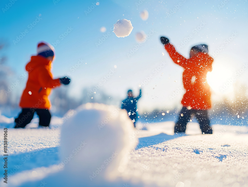 Children playing in snowy landscape, throwing snowballs joyfully. bright sun shines in background, creating cheerful winter scene filled with laughter and fun Children playing in snowy landscape, throwing snowballs joyfully. bright sun shines in background, creating cheerful winter scene filled with laughter and fun