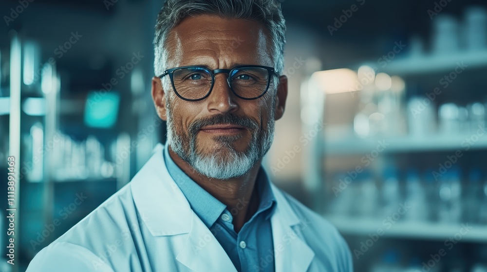 A serious male scientist in glasses and a lab coat stands in a laboratory filled with equipment, embodying focus and dedication to research and discovery. A serious male scientist in glasses and a lab coat stands in a laboratory filled with equipment, embodying focus and dedication to research and discovery.