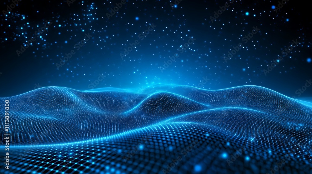 Abstract digital landscape with glowing blue mesh waves and sparkling stars in a dark night sky background Abstract digital landscape with glowing blue mesh waves and sparkling stars in a dark night sky background