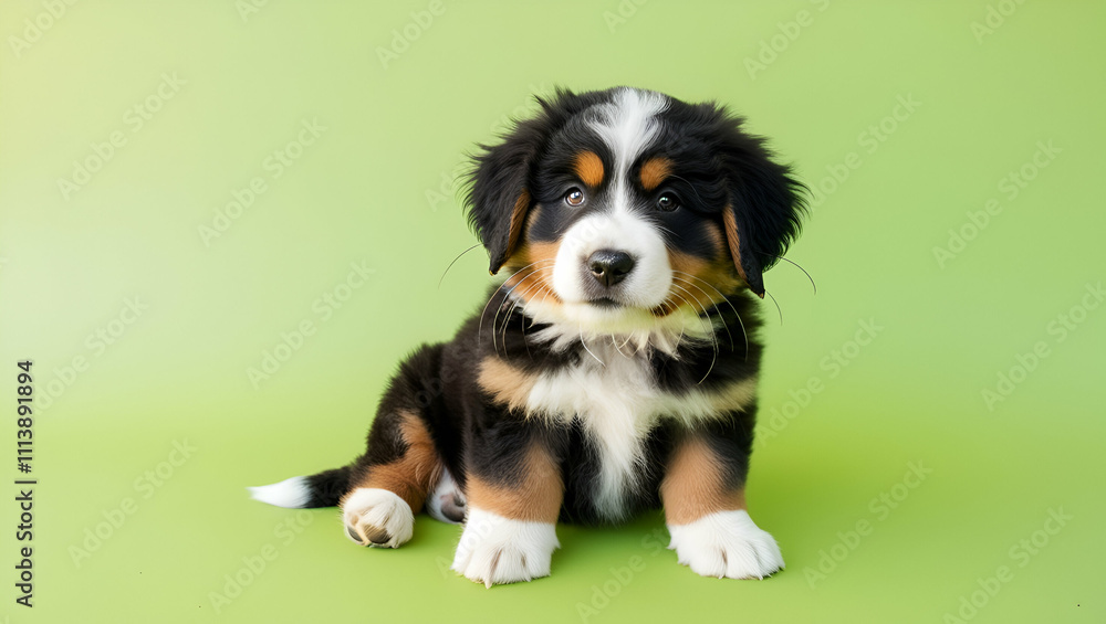a charming Bernese mountain dog puppy resting on a natural green landscape, its expressive eyes and tricolor coat stealing the show. a charming Bernese mountain dog puppy resting on a natural green landscape, its expressive eyes and tricolor coat stealing the show.
