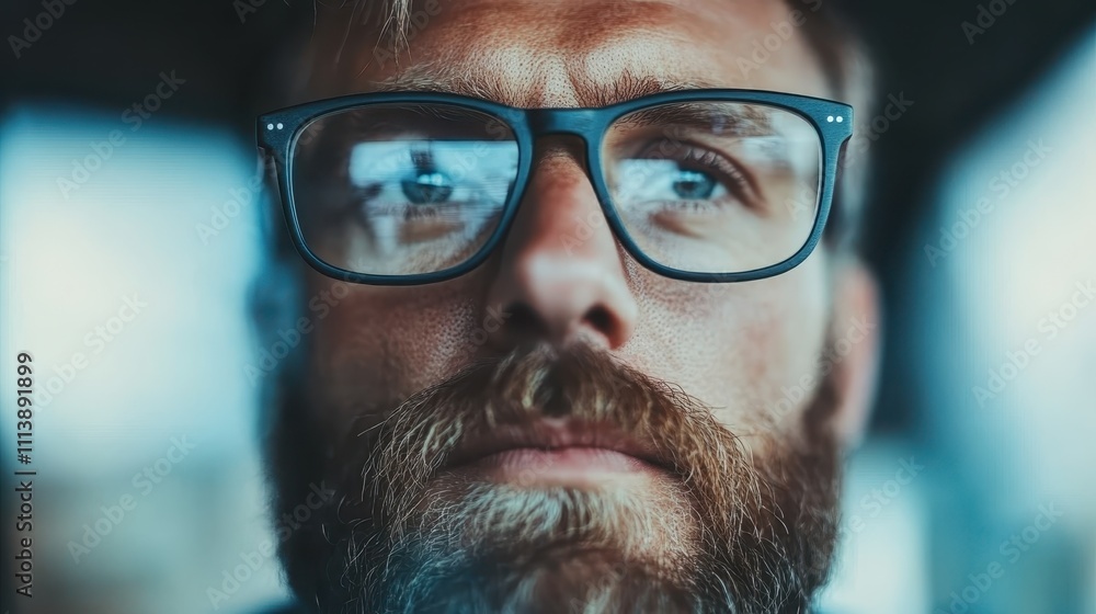 A close-up image of a bearded man wearing glasses, focusing intently with a strong and intense gaze, captured in a moment of deep thought or contemplation. A close-up image of a bearded man wearing glasses, focusing intently with a strong and intense gaze, captured in a moment of deep thought or contemplation.