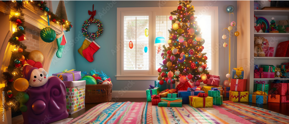 Fototapeta premium A whimsical Christmas tree adorned with playful ornaments and colorful lights, with a cheerful collection of gifts peeking out from underneath its branches.