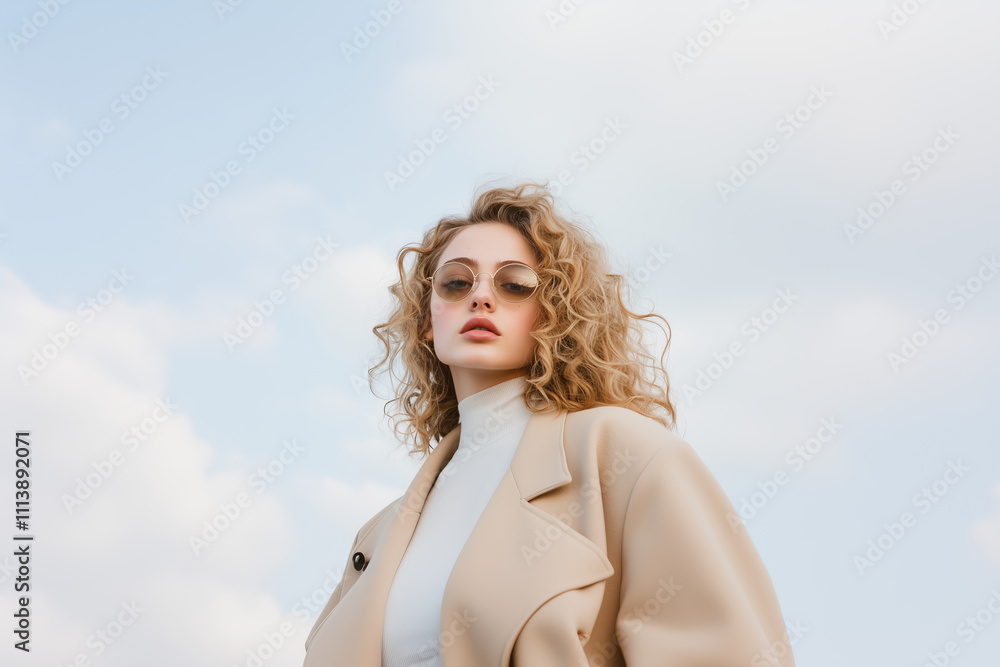 Fashion-forward model showcases trendy bombshell styles against a cloudy sky background in an outdoor setting Fashion-forward model showcases trendy bombshell styles against a cloudy sky background in an outdoor setting