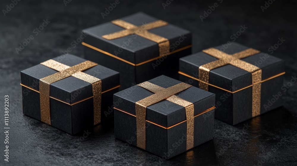 Elegant Black Gift Boxes with Golden Ribbons Elegant Black Gift Boxes with Golden Ribbons