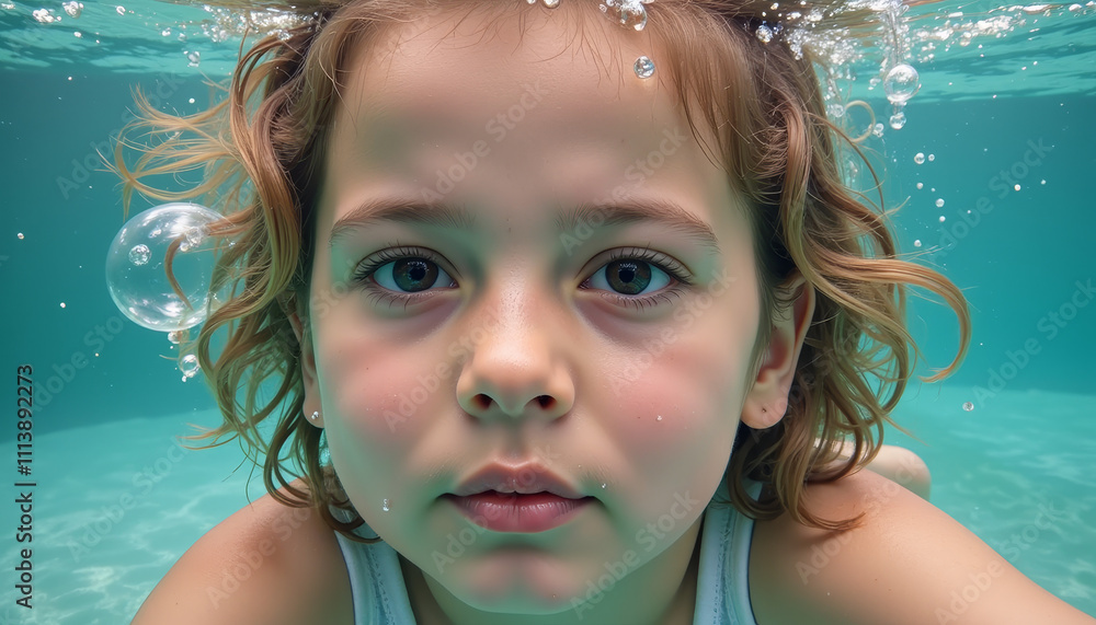 Curious child explores the underwater world filled with bubbles and tranquility in a serene swimming pool Curious child explores the underwater world filled with bubbles and tranquility in a serene swimming pool