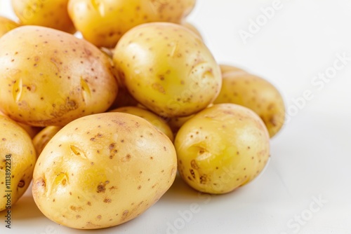 Close up shot of potatoes on white background.