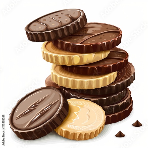 Chocolate coins, single on white background. AI generate illustration photo