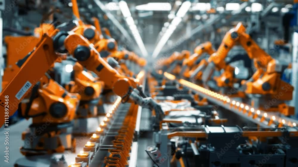 Arm of automobile production line. Large production line with industrial robot arms at modern factory. Automated manufacturing facility Arm of automobile production line. Large production line with industrial robot arms at modern factory. Automated manufacturing facility