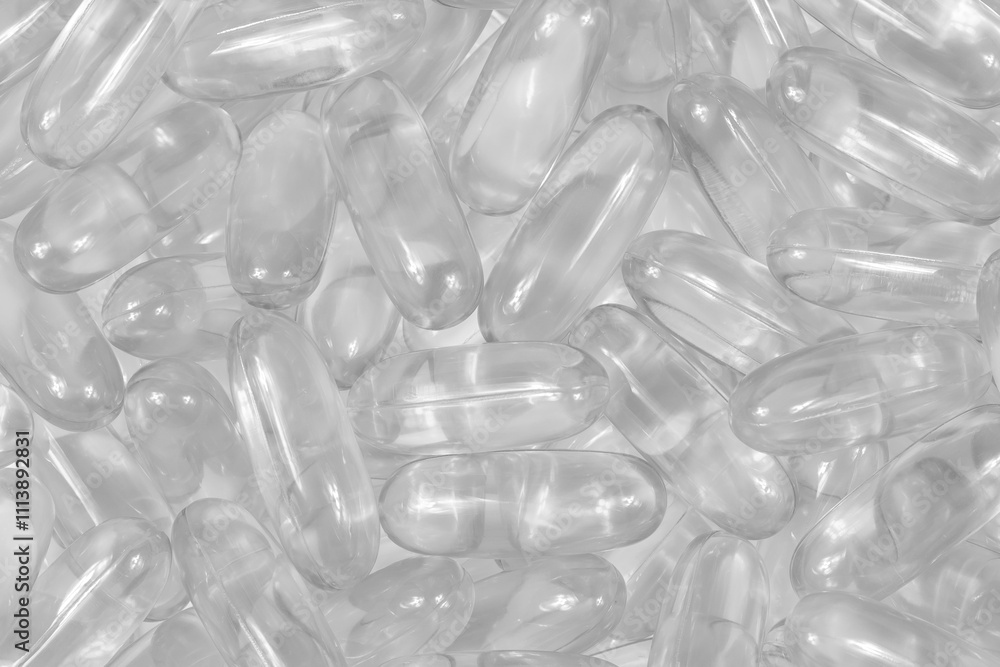 Transparent white pills background texture. colorless tablets