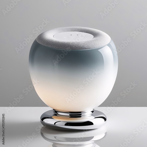 Glass sculpture of digital assistant with glossy finish, gradient white to gray body, frosted top and polished base against gray background, generative ai photo