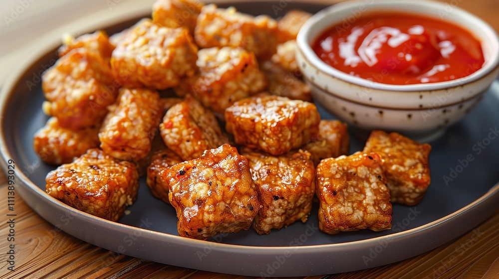 A plate of crispy fast food tempeh with a side of dipper A plate of crispy fast food tempeh with a side of dipper