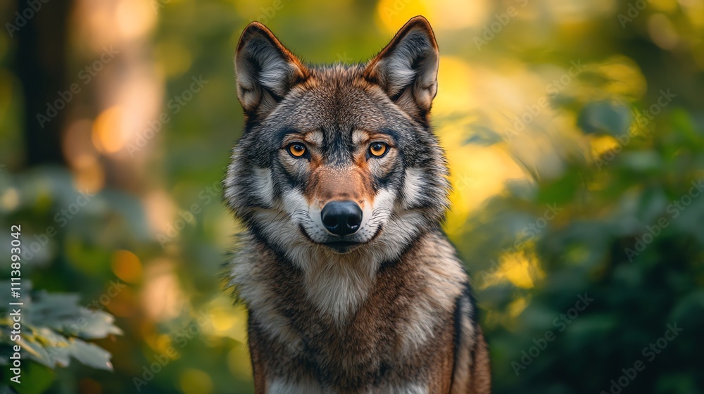 A wolf looking intently at the camera, surrounded by green foliage.