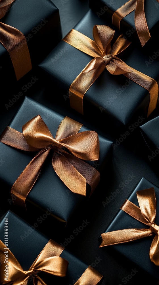 Elegant Black Gift Boxes with Golden Ribbons Elegant Black Gift Boxes with Golden Ribbons