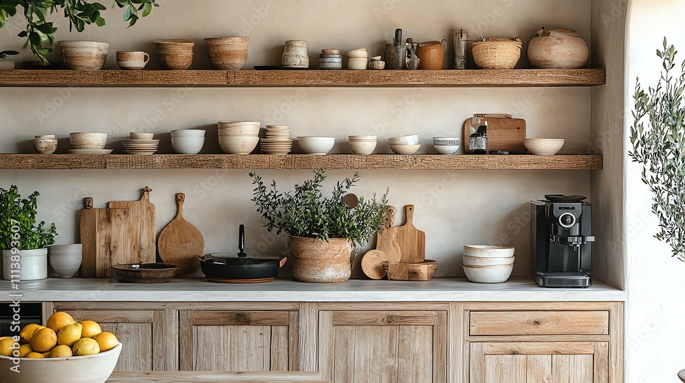 Stylish kitchen shelf with wooden bowls. Ethical show trends ,Rustic farmhouse kitchen with rustic wooden shelves, rustic ceramic dishware, and rustic organic decor for a warm and cozy home ambiance Stylish kitchen shelf with wooden bowls. Ethical show trends ,Rustic farmhouse kitchen with rustic wooden shelves, rustic ceramic dishware, and rustic organic decor for a warm and cozy home ambiance