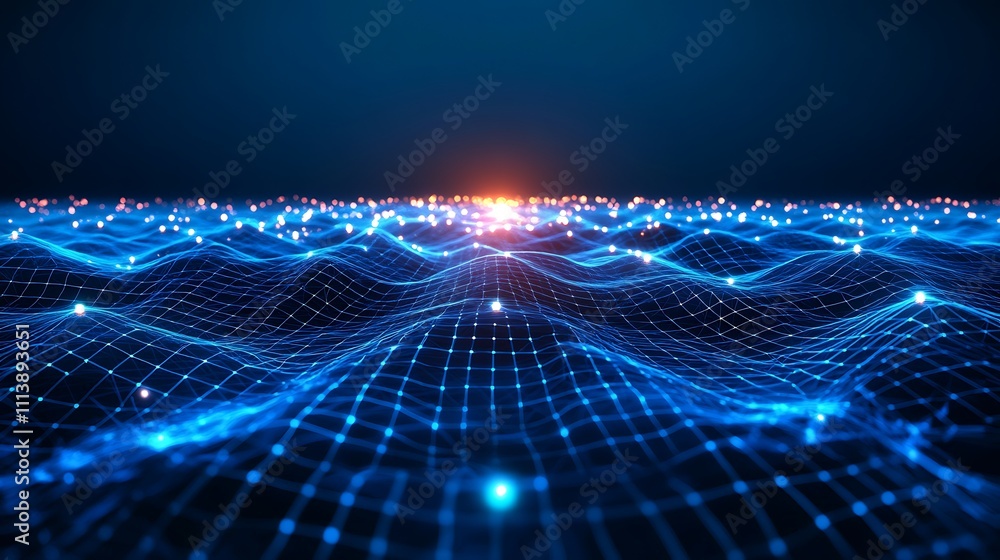 Abstract Digital Landscape with Glowing Waves and Dots in a Futuristic Environment at Dusk Abstract Digital Landscape with Glowing Waves and Dots in a Futuristic Environment at Dusk
