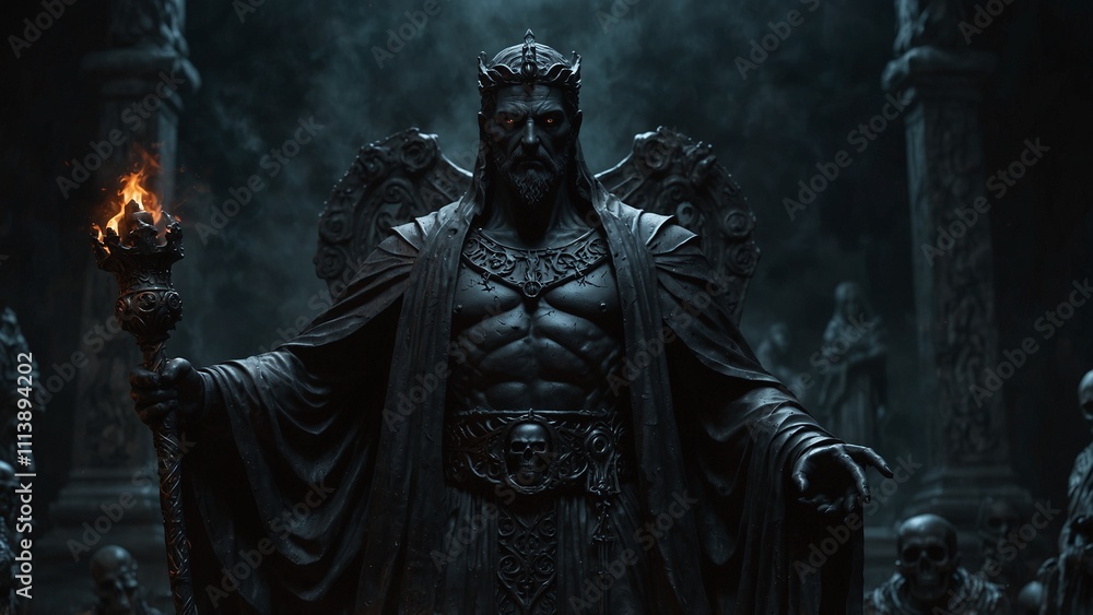 Naklejka premium Statue of Hades, holding a scepter of the underworld, dressed in a black robe, set against the dark underworld and souls of the dead, with fate and death symbols carved on the base.