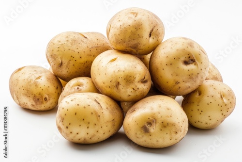 Close up of potatoes on white background.