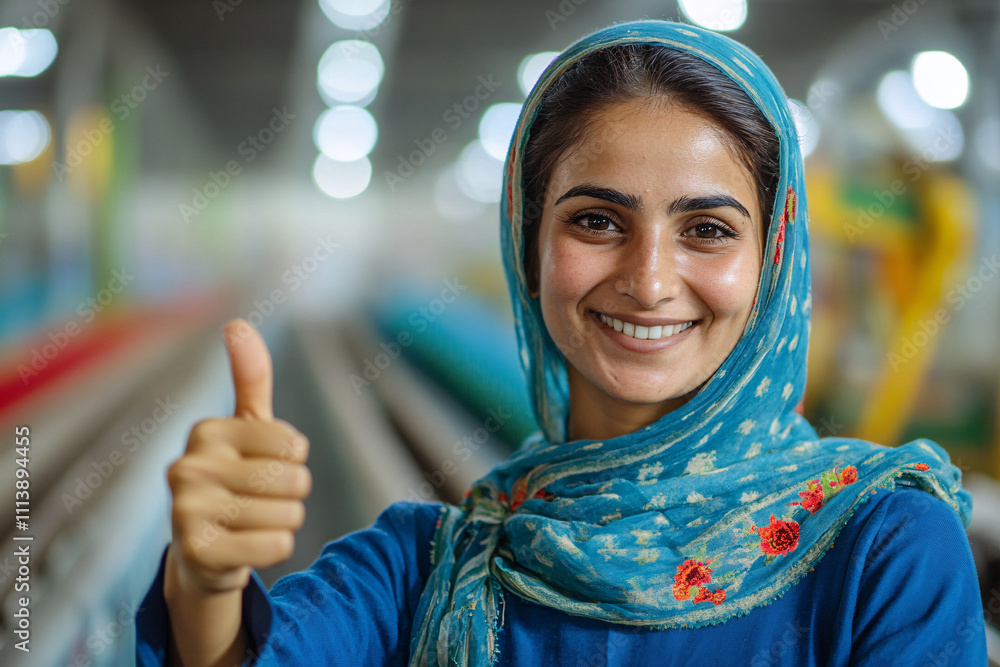 smiling woman in blue headscarf giving thumbs up in an industrial setting with rows of machines and soft blurred background
smiling woman in blue headscarf giving thumbs up in an industrial setting with rows of machines and soft blurred background